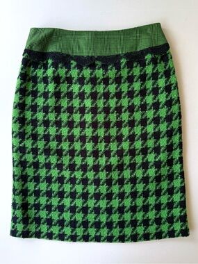 Victor Costa Vintage Houndstooth Check Tweed Pencil Skirt Bright Green & Black 6